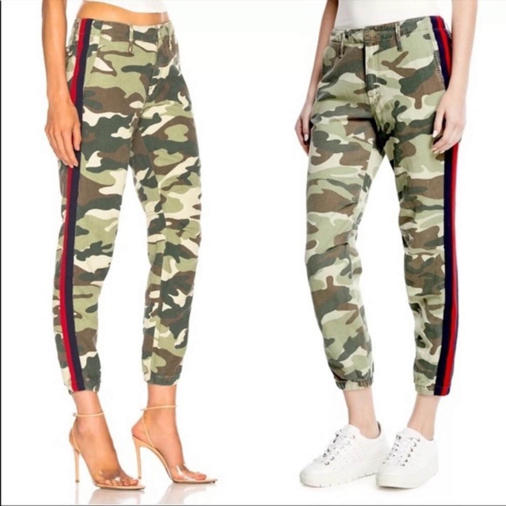MOTHER DENIM THE NO ZIP MISFIT CAMO PANT WITH RED AND BLUE STRIPE DOWN T…